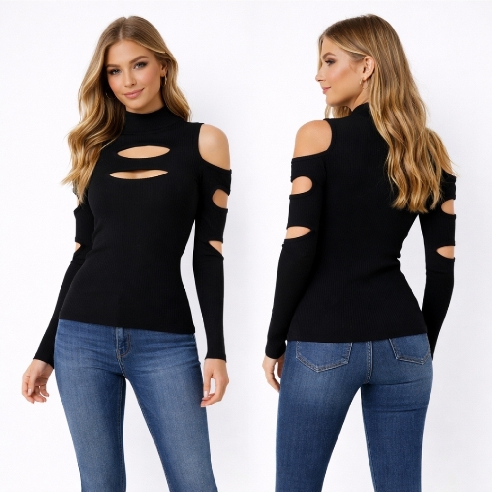 Express Black Ribbed Cutout Top